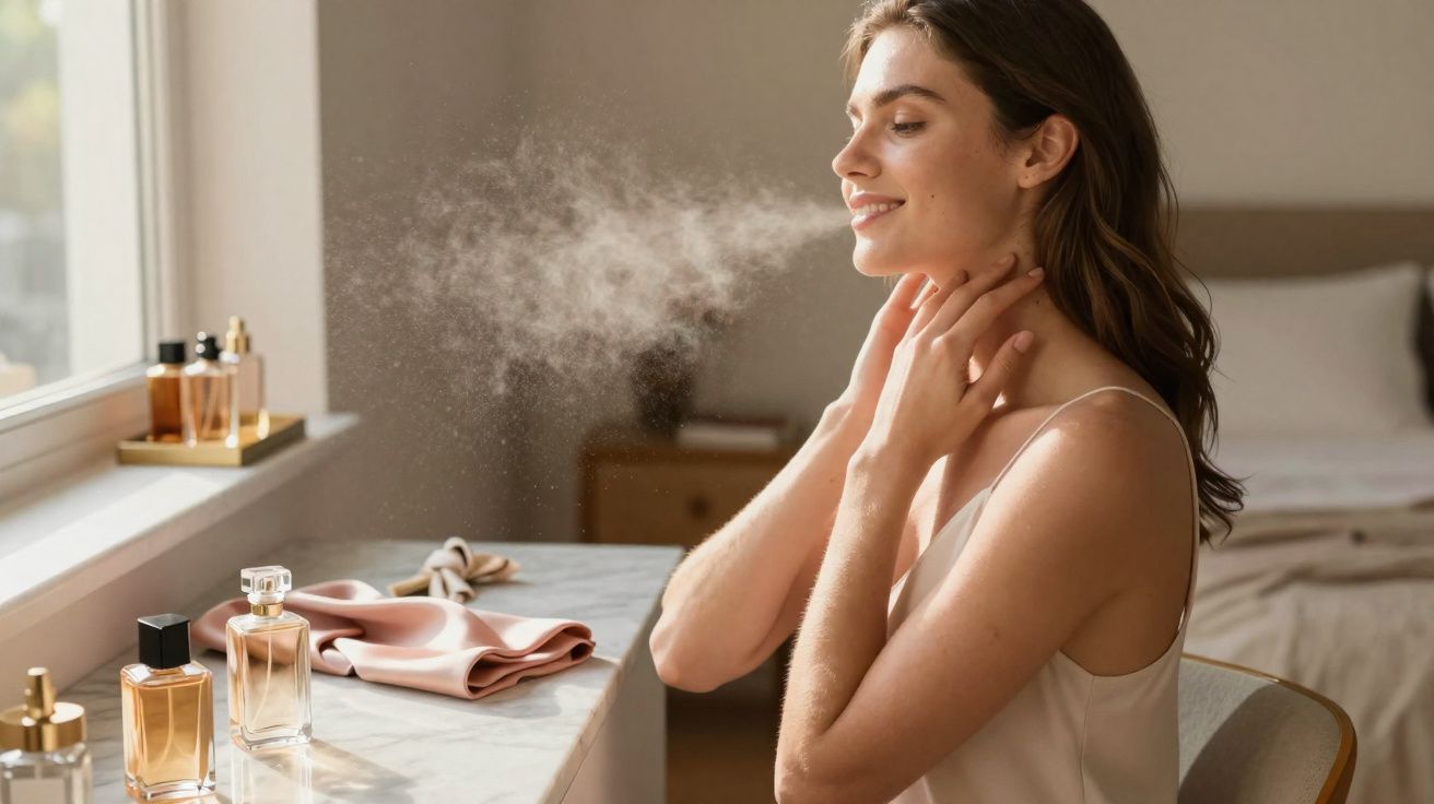 Mulher numa cama a borrifar perfume no pescoço, sorrindo, num quarto iluminado pela manhã.