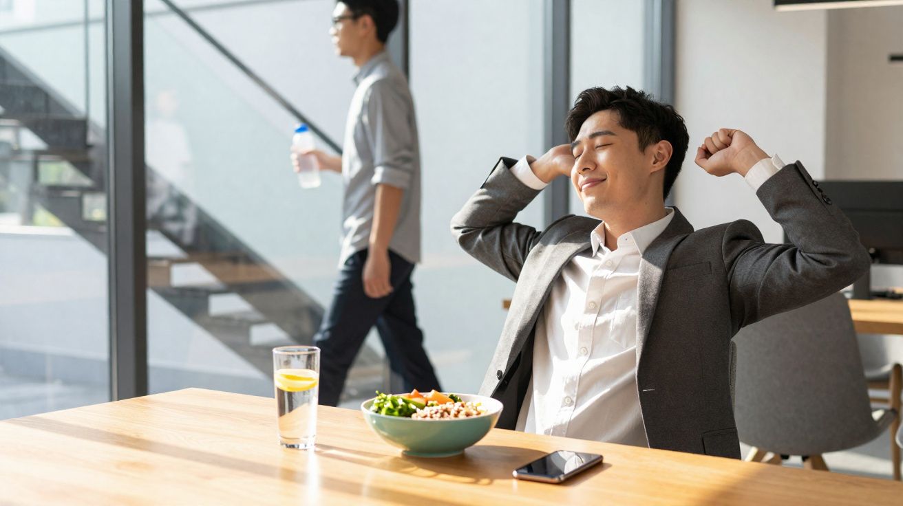 Homem de fato a espreguiçar-se sentado à mesa com refeição saudável e copo de água com limão.