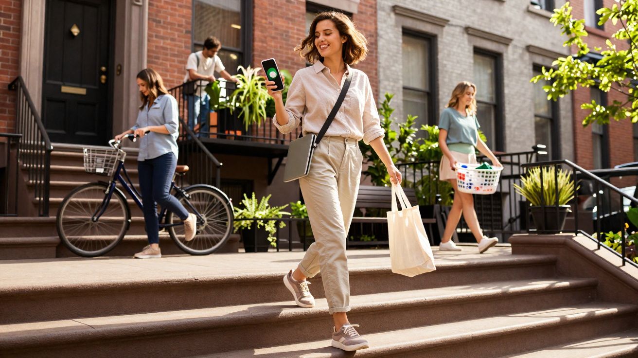 Mulher desce escadas com saco reutilizável e telemóvel num bairro residencial urbano ensolarado.