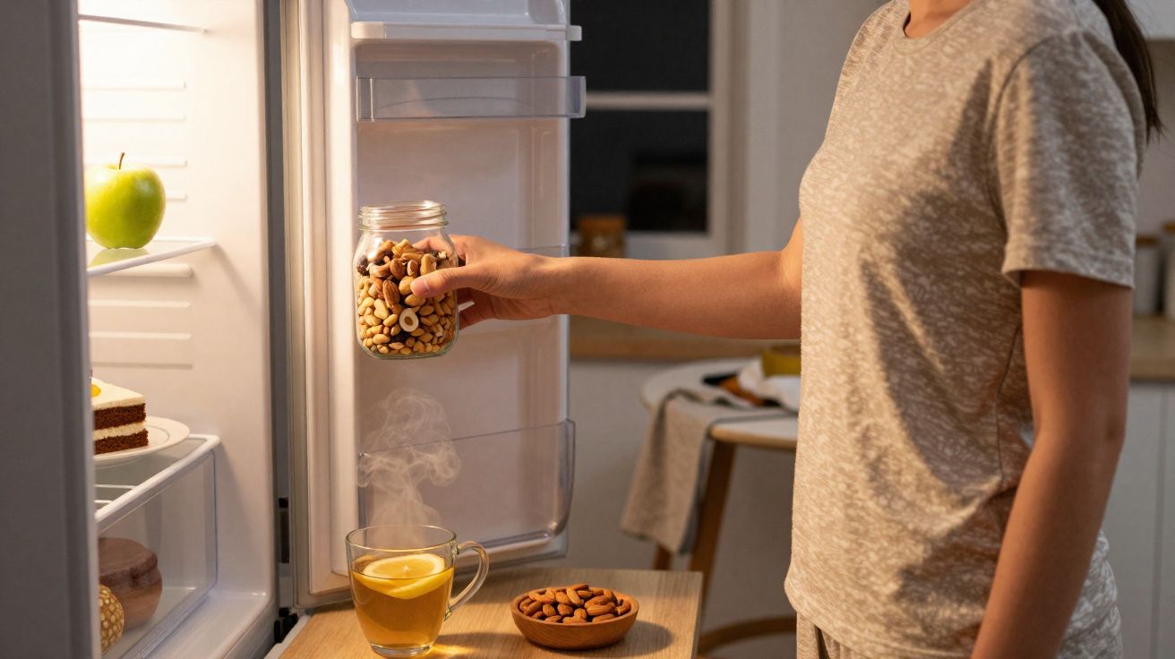 Pessoa a guardar sementes num frasco dentro do frigorífico aberto, com chá quente e frutos secos ao lado.