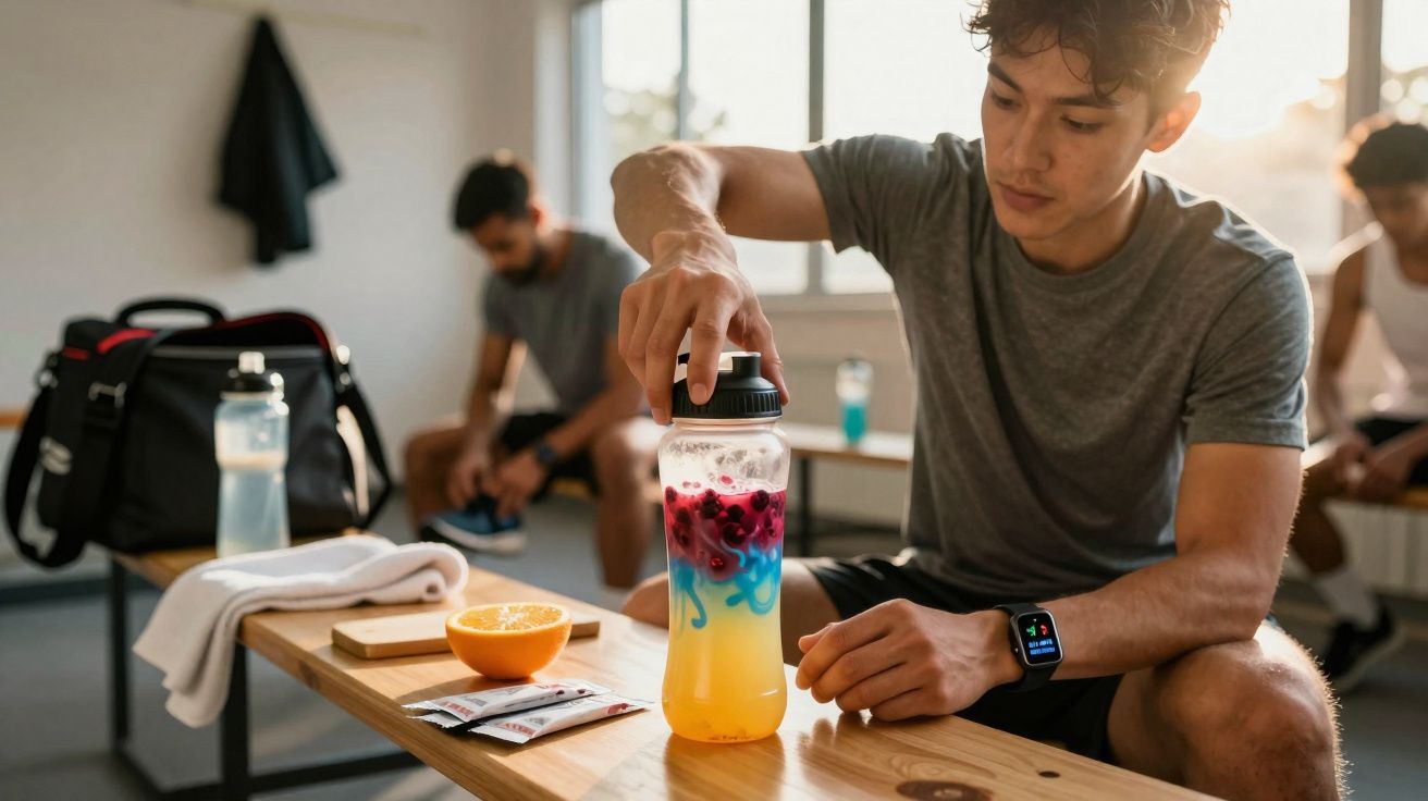 Homem com roupa desportiva prepara bebida colorida numa garrafa no balneário após exercício.