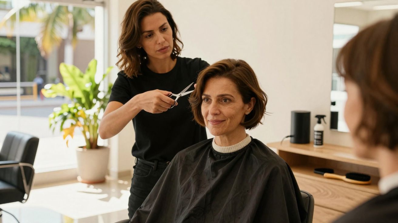 Mulher a cortar o cabelo de outra mulher num salão de cabeleireiro moderno e iluminado.