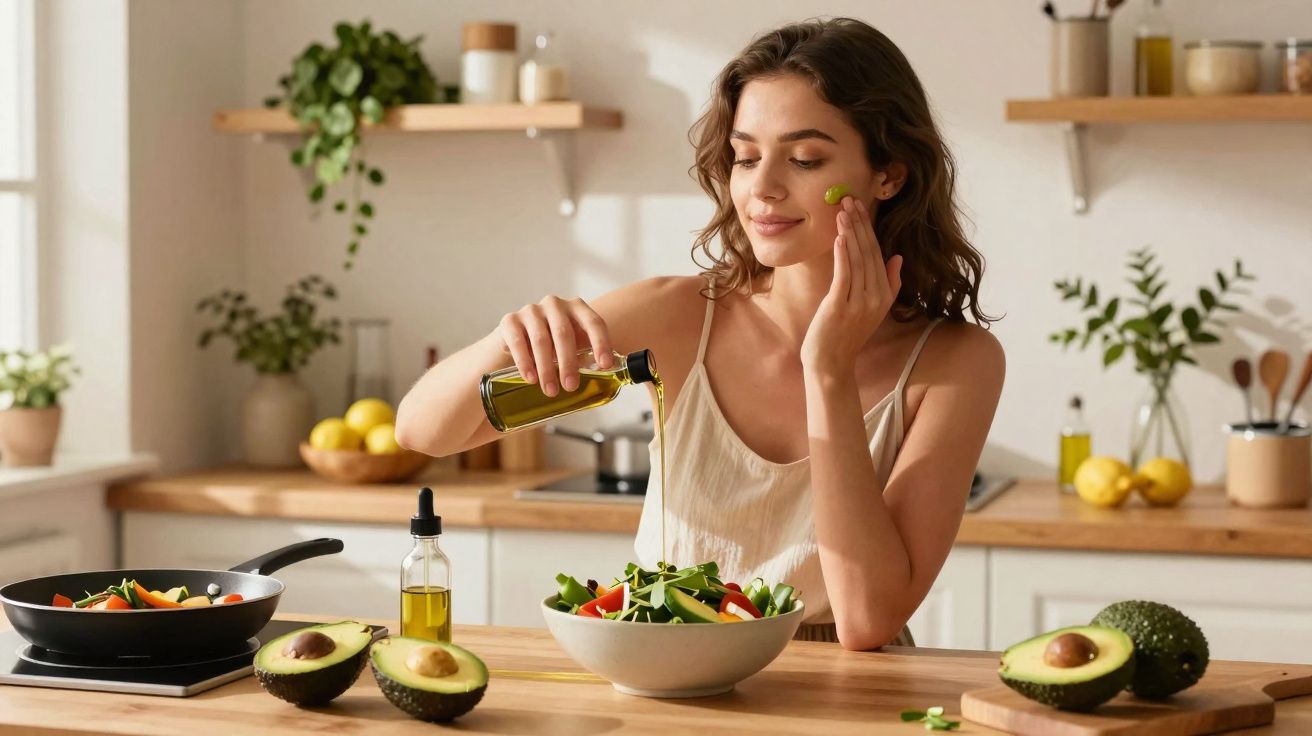 Mulher aplica azeite numa salada enquanto coloca um pouco no rosto, numa cozinha luminosa com abacates à frente.