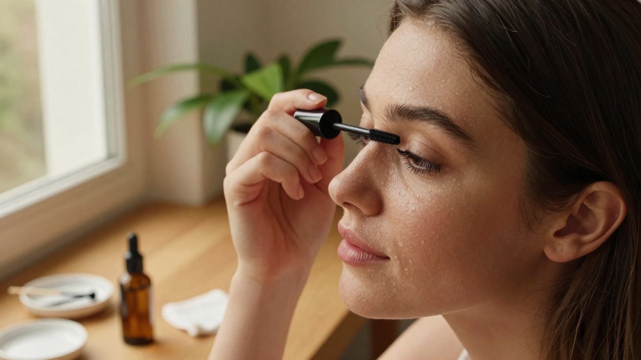 Mulher a aplicar rímel nos cílios junto a uma janela com produtos de beleza numa superfície de madeira.