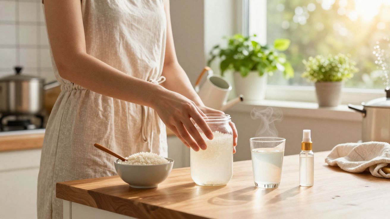 Pessoa a preparar remédio caseiro com arroz e água numa cozinha iluminada pela luz natural.