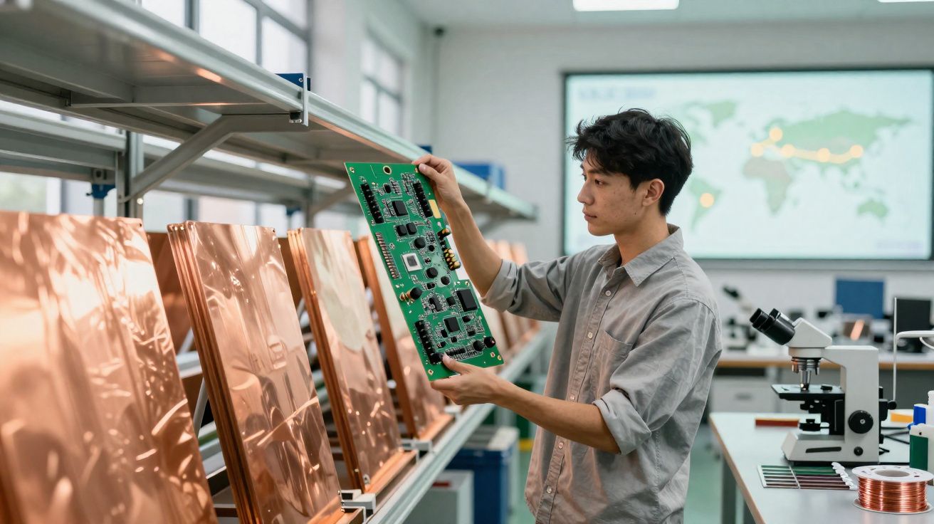Homem inspeciona placa de circuito verde numa sala com várias chapas de cobre e microscópio.
