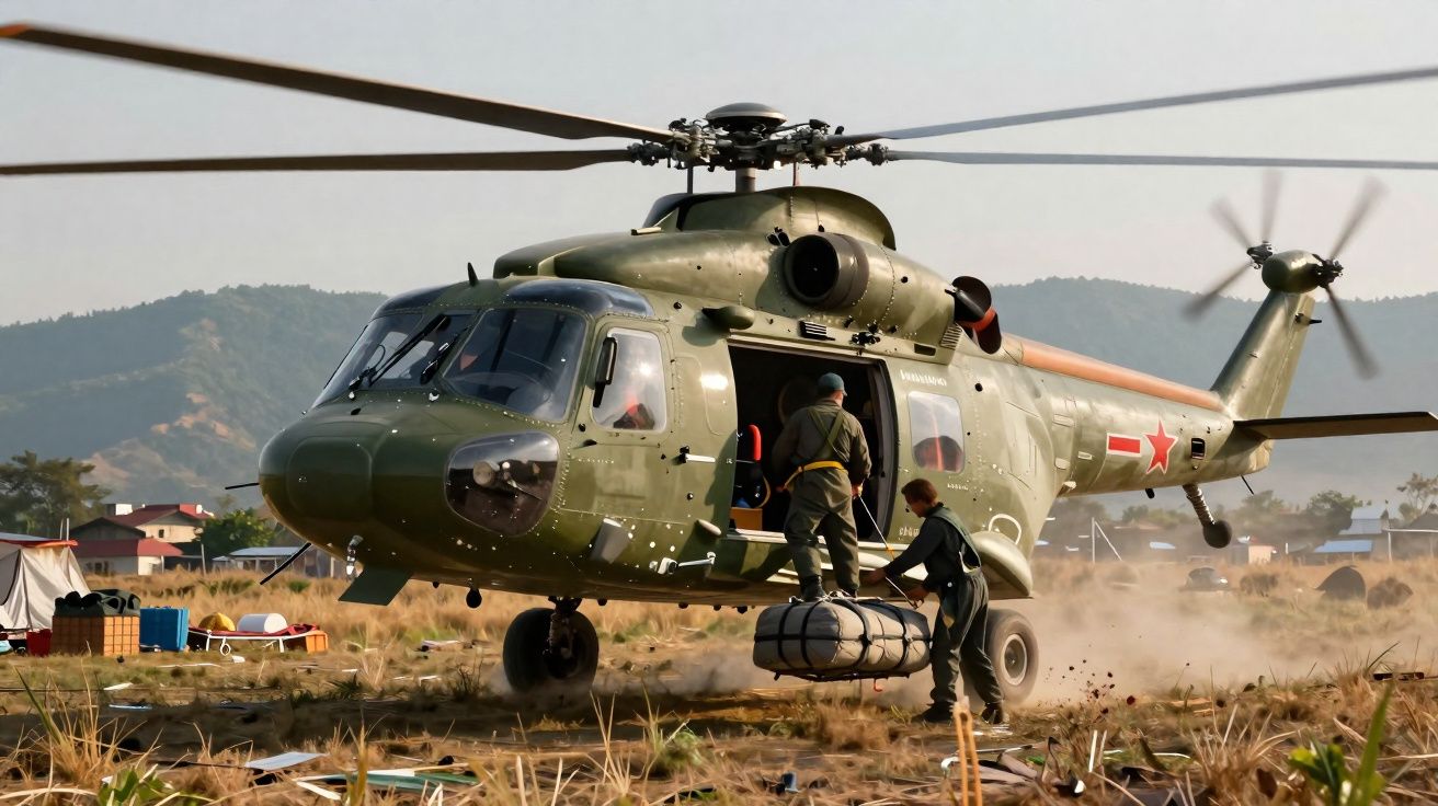 Helicóptero militar verde com dois homens carregando equipamento numa zona rural com montanhas ao fundo.