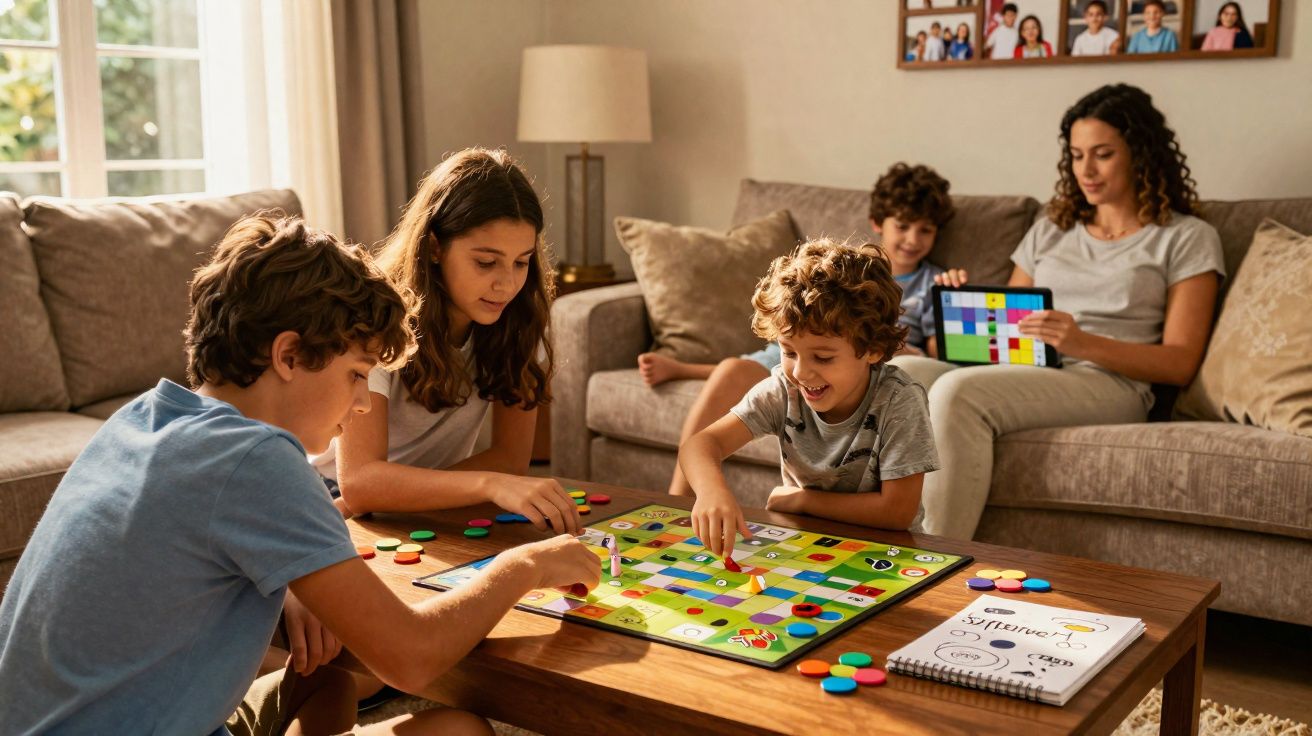 Crianças a jogar jogo de tabuleiro numa sala de estar com uma mulher a observar ao fundo.