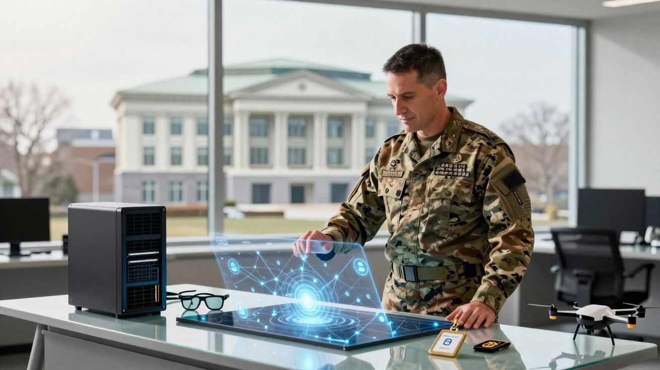 Militar em uniforme camuflado interage com tecnologia holográfica numa sala moderna com vista para edifício institucional.