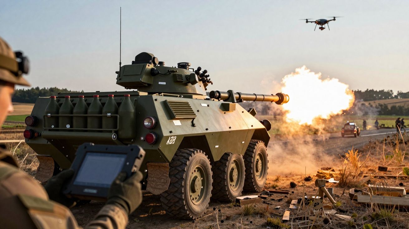 Soldado controla blindado a disparar enquanto drone voa acima em campo aberto ao entardecer.