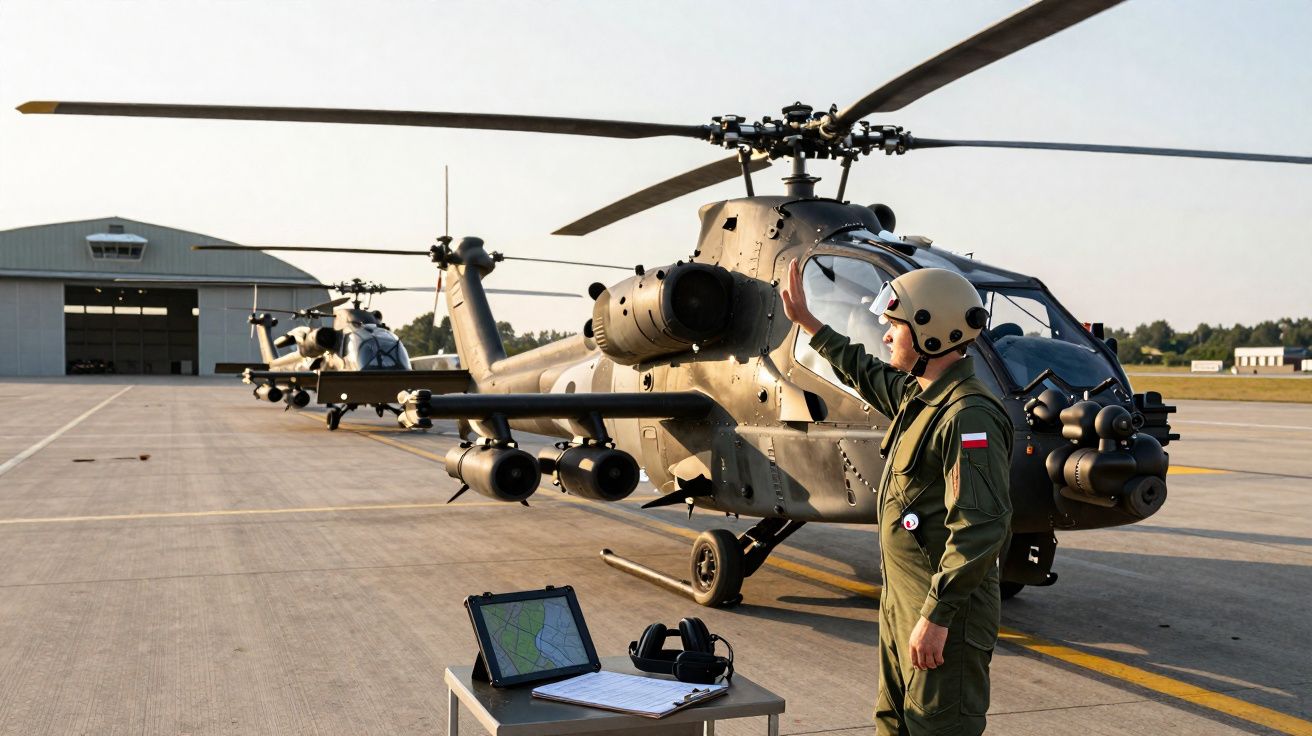 Helicópteros militares no solo com piloto em uniforme e capacete a sinalizar perto de portátil e auscultadores.