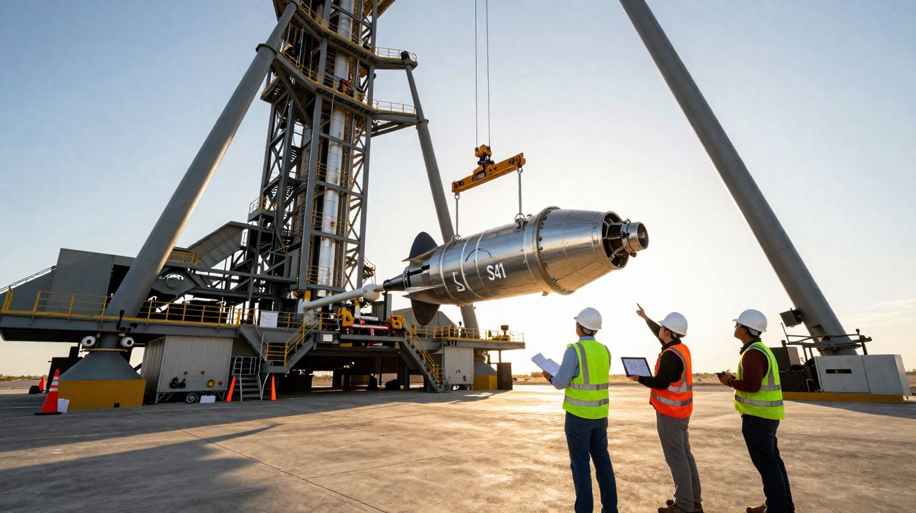 Três engenheiros com coletes e capacetes observam um foguete metálico a ser içado numa plataforma de lançamento ao pôr do sol