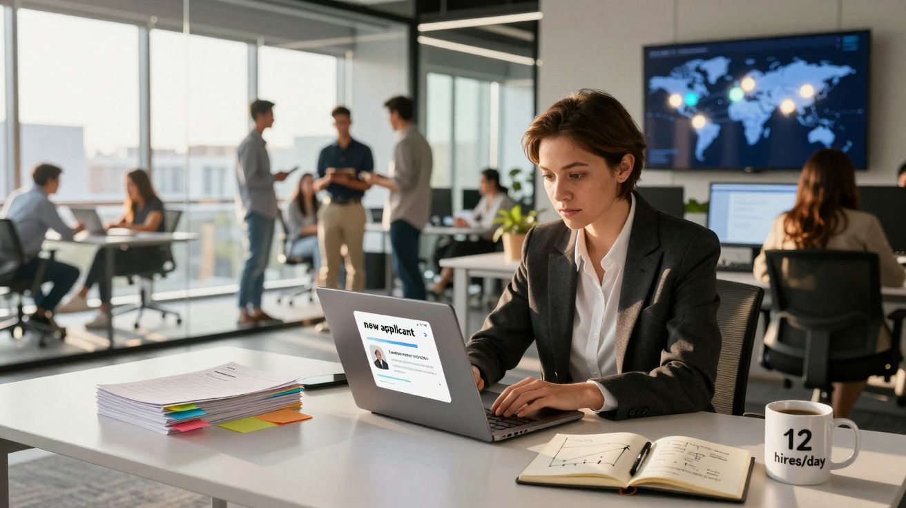 Jovem a trabalhar em laptop num escritório moderno com colegas em reuniões ao fundo.