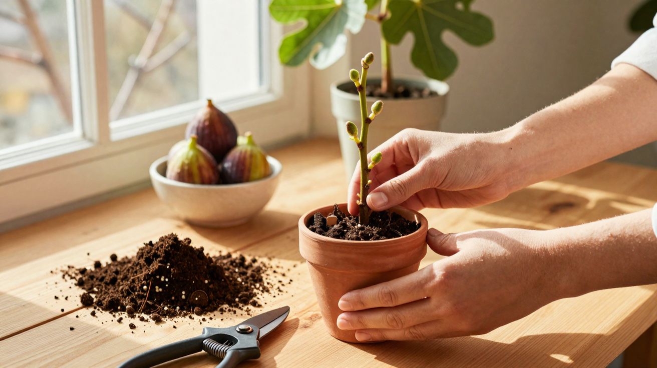 Mãos a plantar uma pequena planta em vaso de barro sobre mesa de madeira com terra e tesoura ao lado.