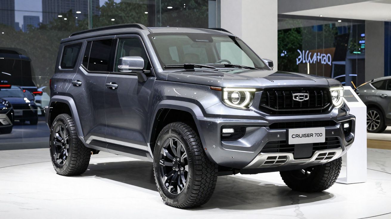 SUV cinzento GEELY Cruiser 700 estacionado em showroom moderno com luzes LED acesas.