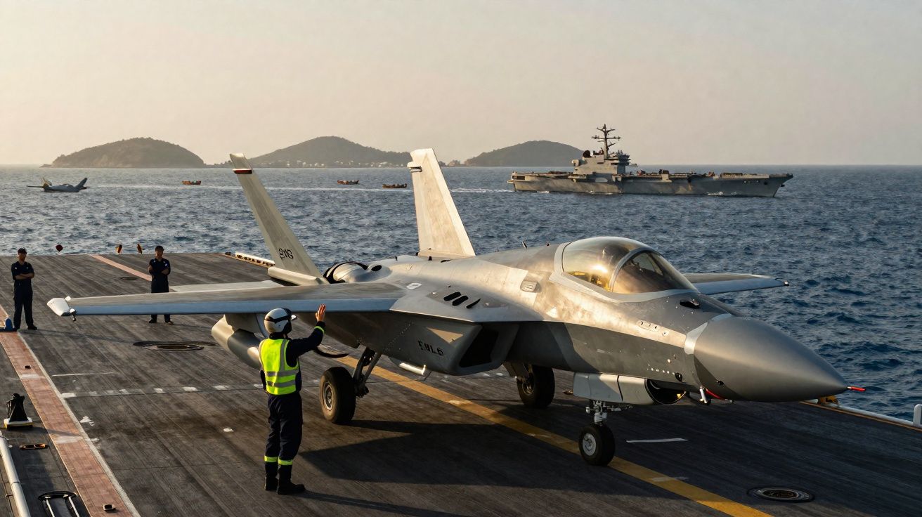 Caça F-35 na pista de um porta-aviões com tripulante a sinalizar para a decolagem no mar.