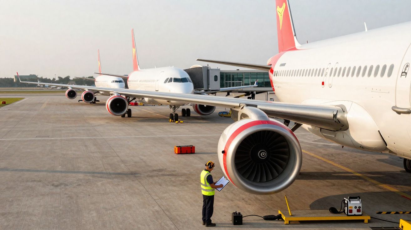 Aviões na pista de aeroporto com funcionário a inspecionar motor de um avião ao amanhecer.