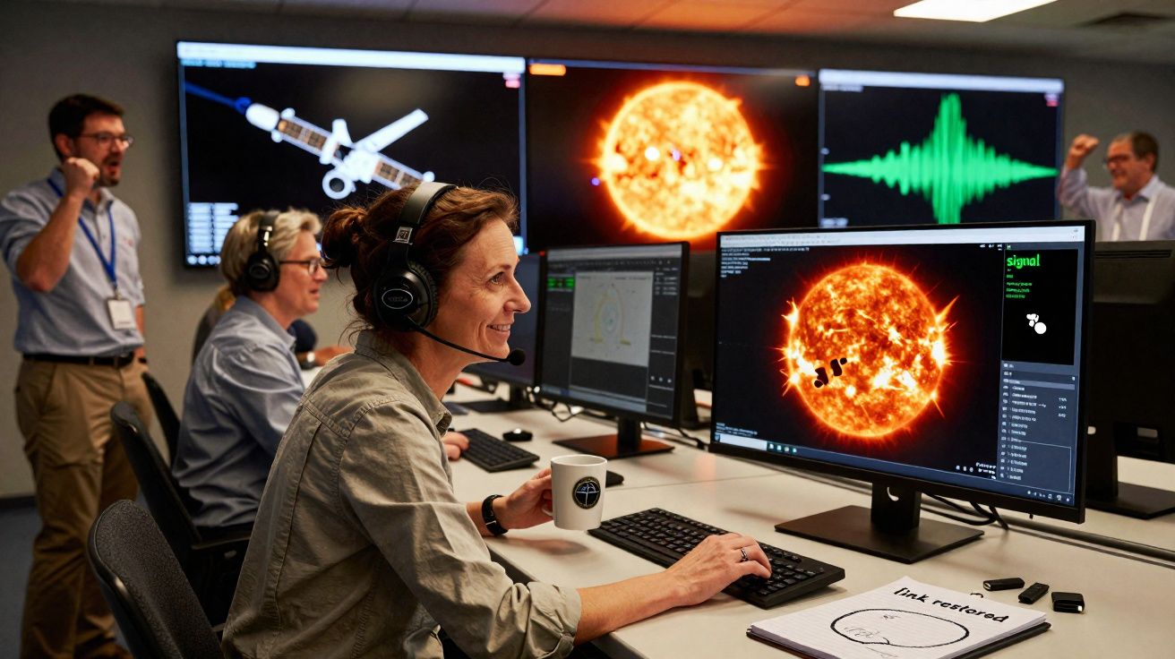 Equipa de controlo espacial observa imagens do Sol e de uma sonda em monitores num centro de comando.
