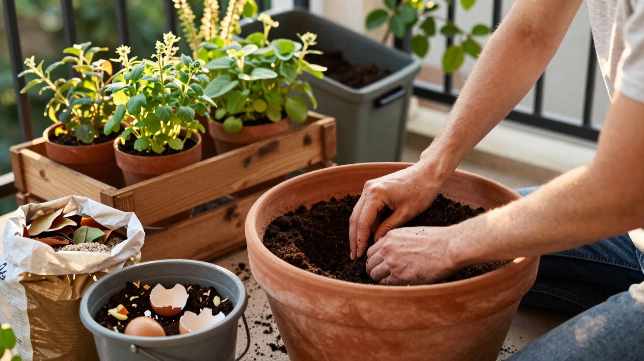Pessoa a semear terra em vaso grande com plantas e compostagem ao lado numa varanda.