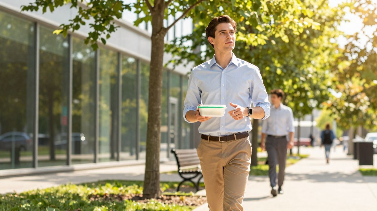 Homem jovem a caminhar numa avenida urbana com recipiente de comida, rodeado por árvores e edifícios modernos.