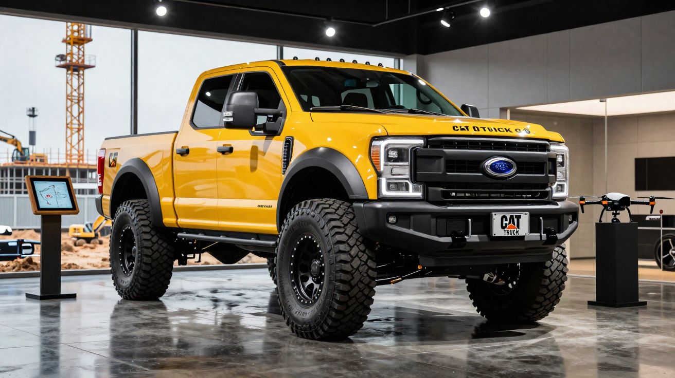 Pick-up amarela CAT DTTruck com pneus grandes em exposição interior moderna.