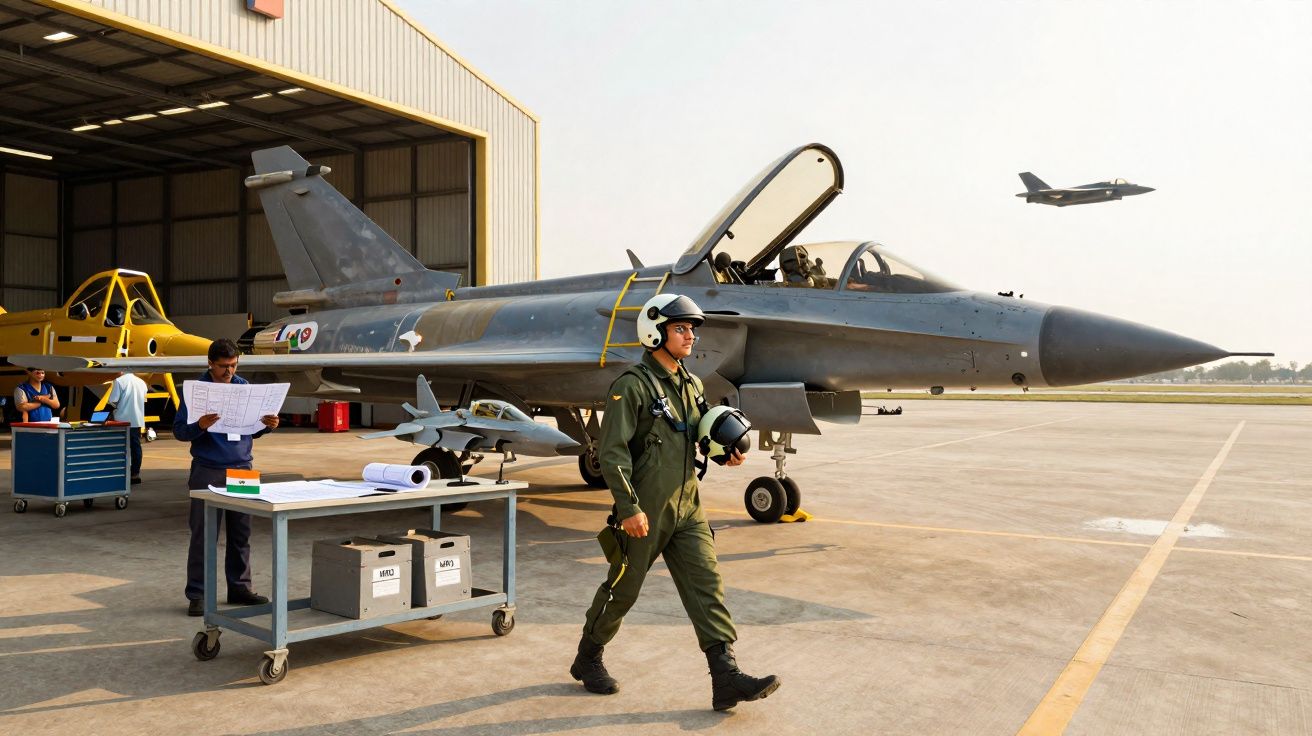 Piloto em fato verde caminha junto a jato militar estacionado em hangar com outro jato no ar ao fundo.