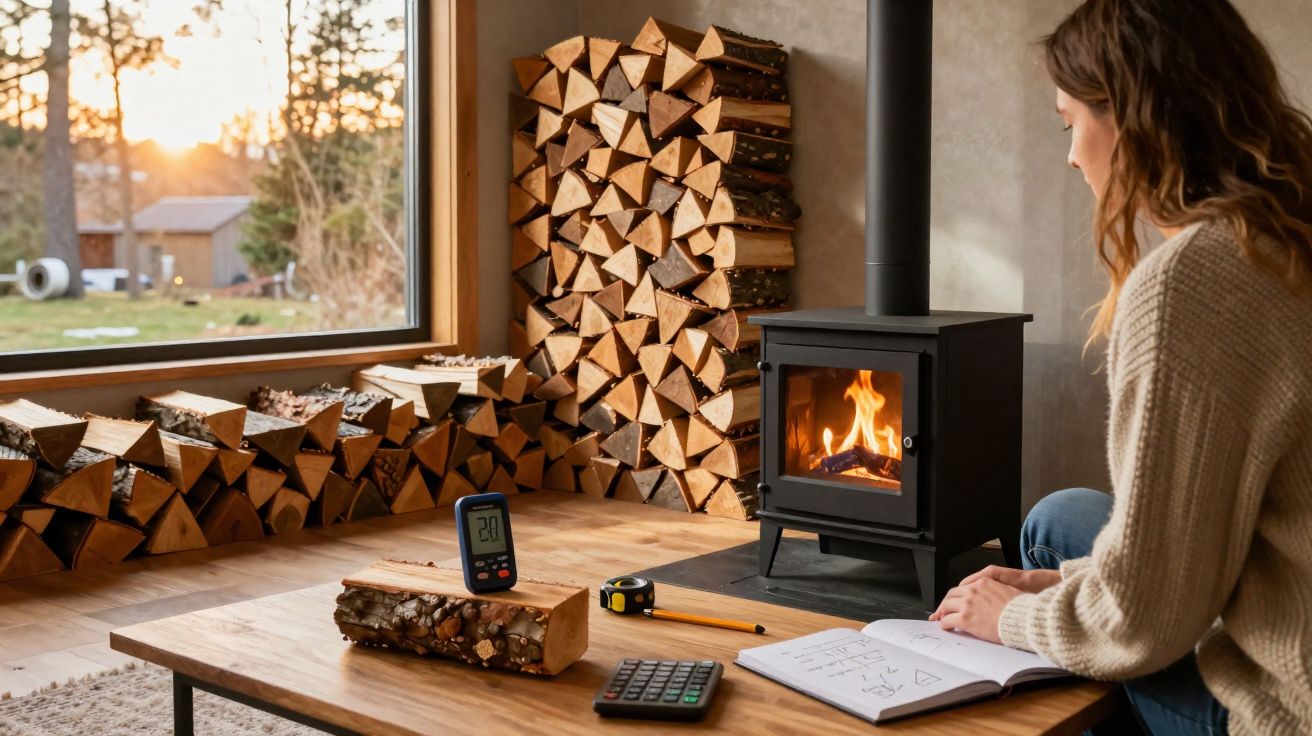 Mulher sentada a estudar junto a lareira acesa numa sala com madeira empilhada vista por janela grande.