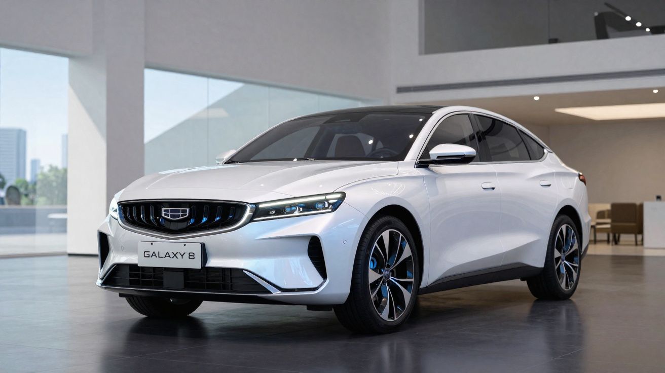 Carro elétrico branco Geely Galaxy B estacionado dentro de um showroom moderno.