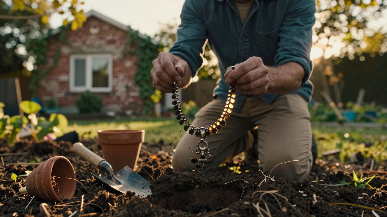 Pessoa a ajoelhar-se na terra de jardim a segurar um terço perto de um buraco no solo.
