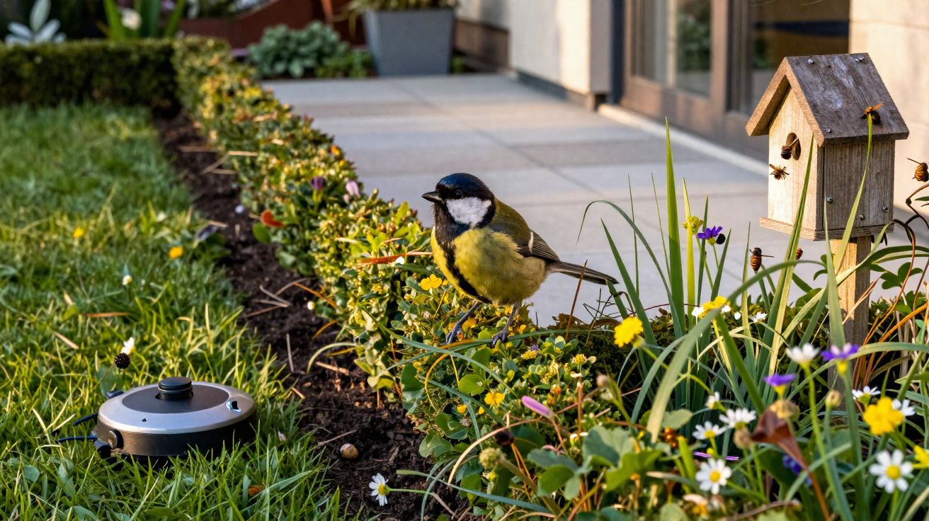 Pássaro amarelo e preto pousado num jardim com flores, com casa de pássaros e robô cortador de relva ao lado.