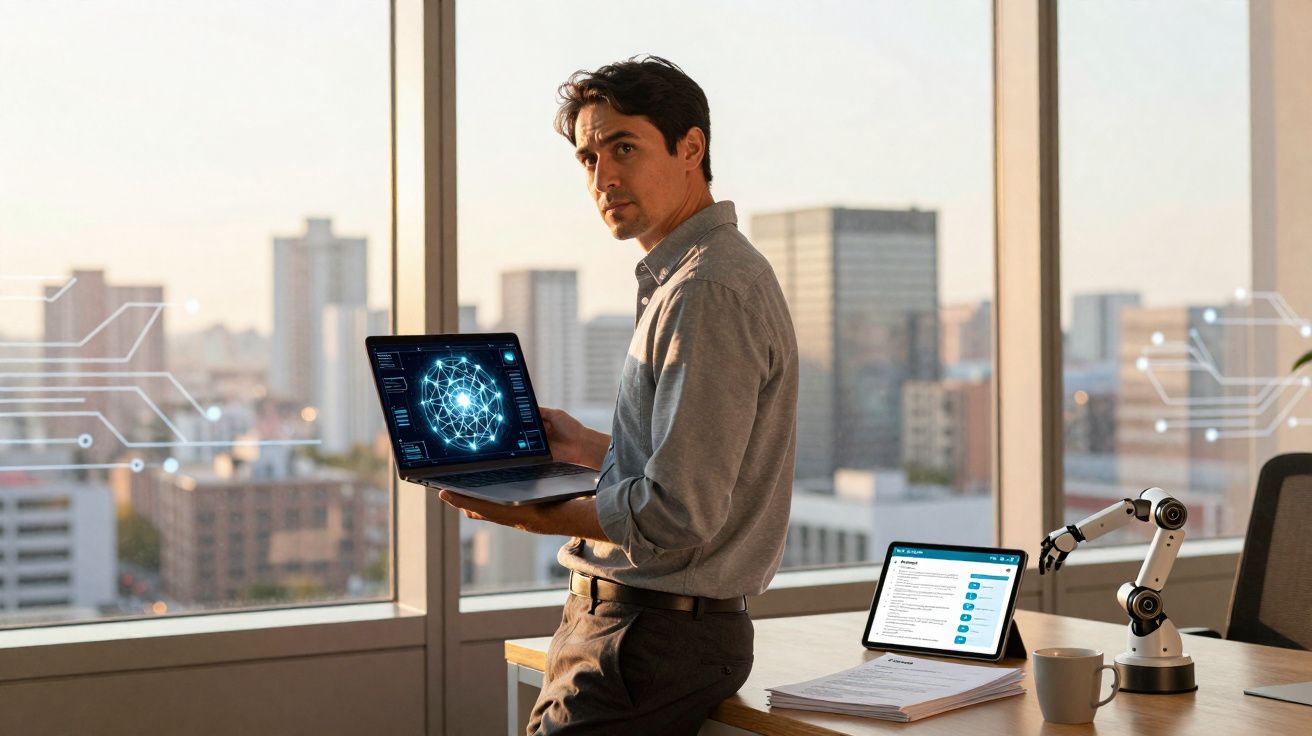 Homem em escritório moderno com laptop a mostrar gráfico digital e tablet numa mesa com braço robótico.