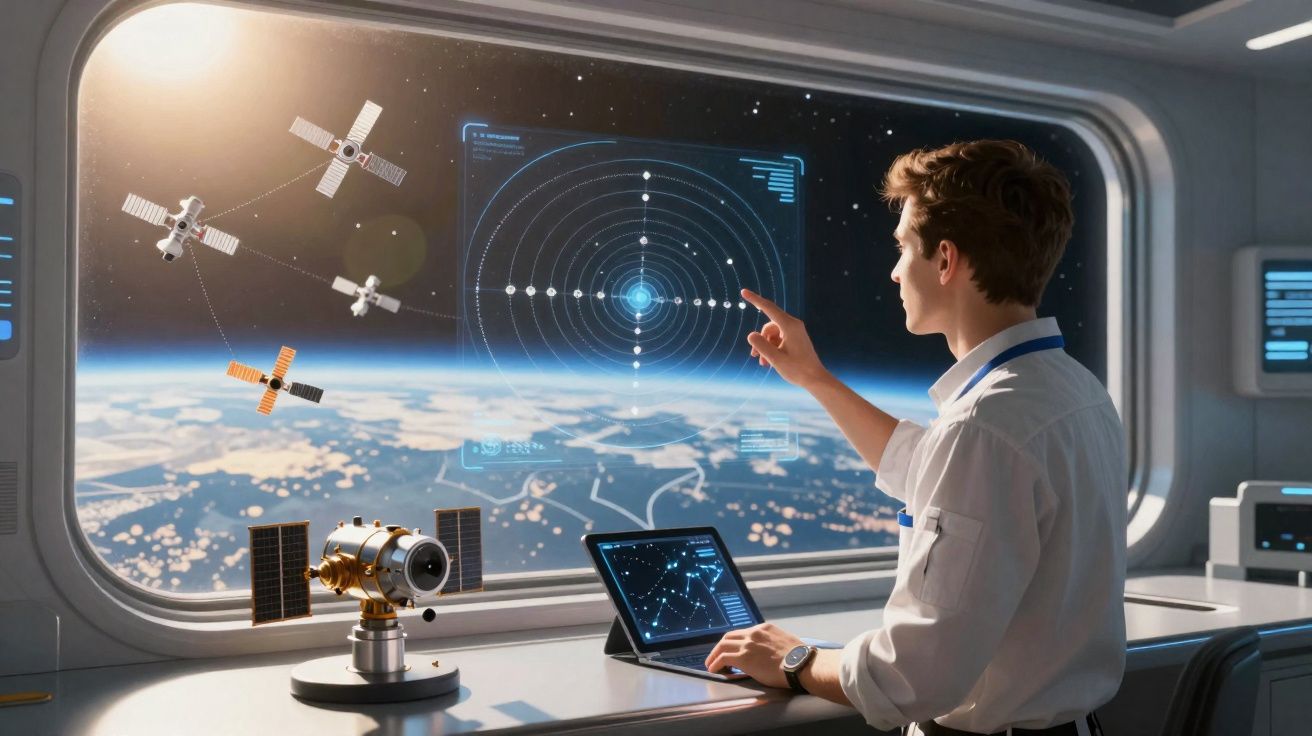 Jovem astronauta interage com holograma de satélites no espaço, com vista da Terra ao fundo.
