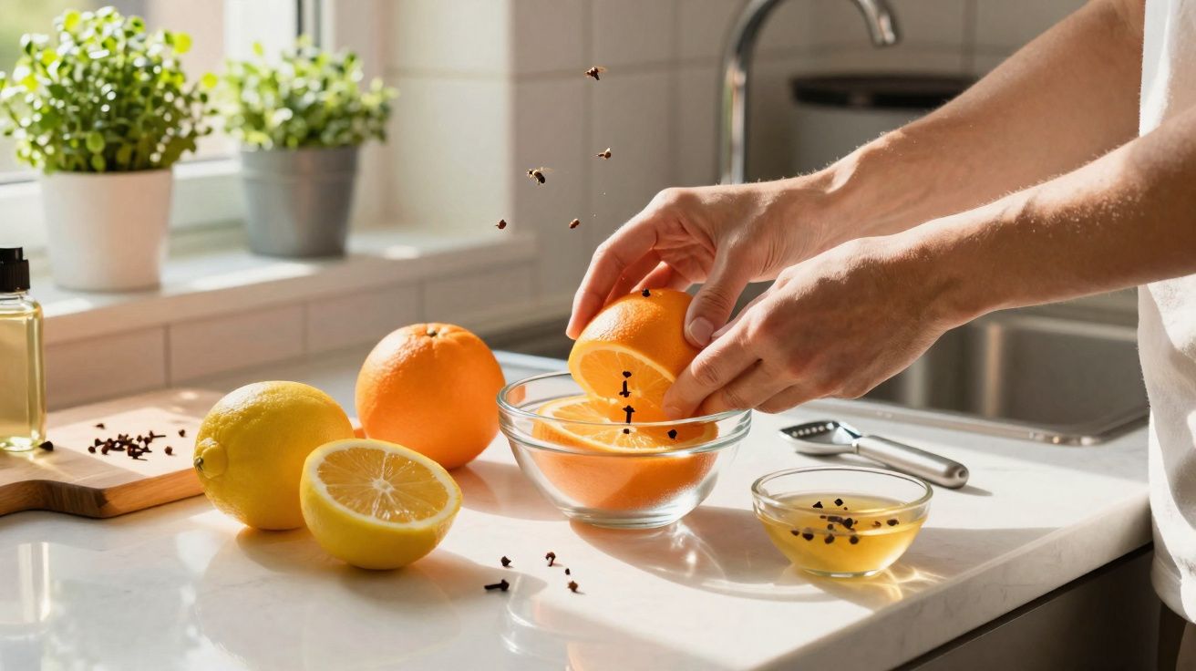 Mãos a espremer uma laranja numa taça, com limões, laranja e cravinho na bancada de cozinha iluminada.