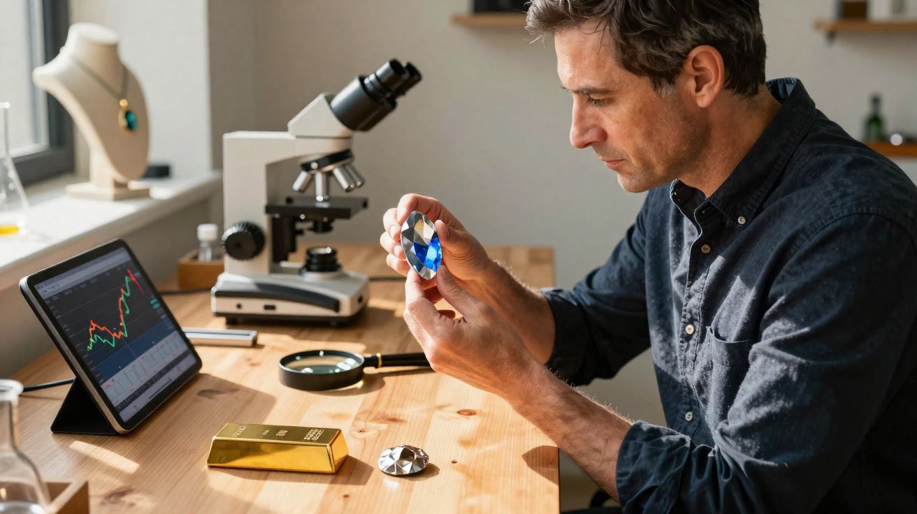 Homem analisando uma grande pedra preciosa azul numa mesa com microscópio e tablet ao fundo.
