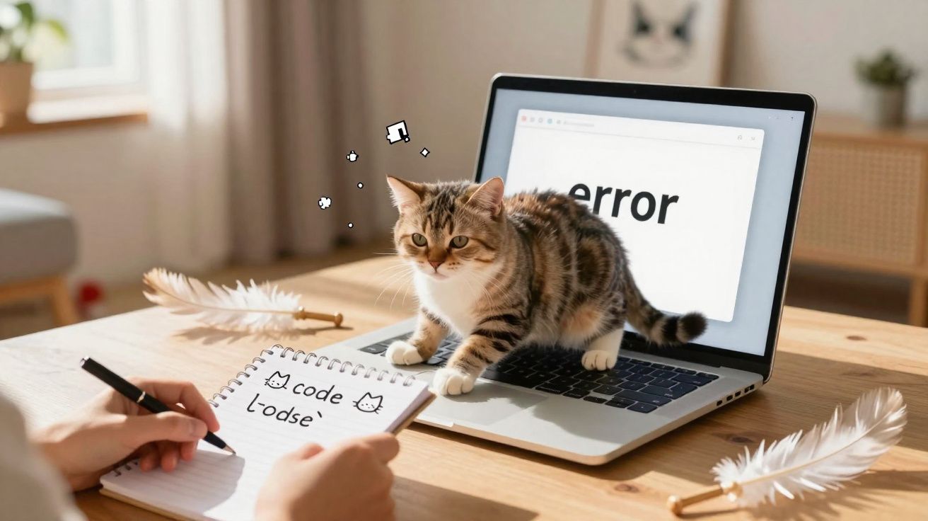 Gato em cima de computador portátil com mensagem de erro, enquanto pessoa escreve num caderno numa mesa de madeira.