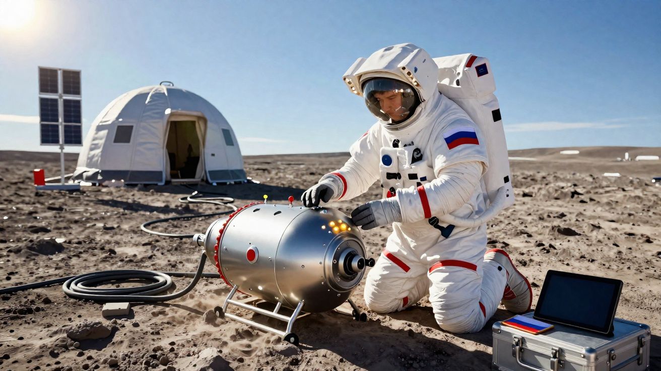Astronauta russo em traje espacial a trabalhar num equipamento metálico numa paisagem lunar simulada com tenda ao fundo.