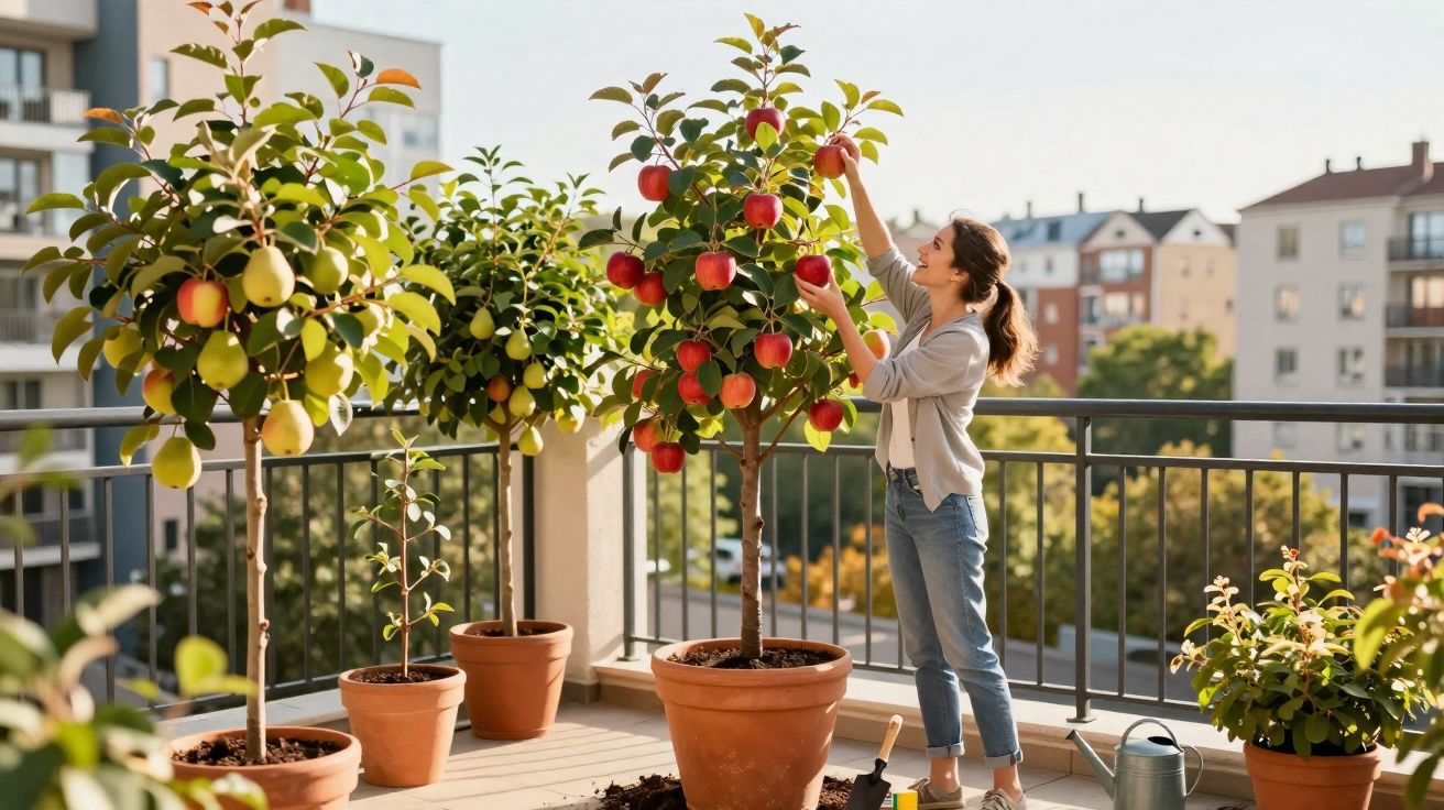 Mulher a apanhar maçãs numa varanda com várias árvores frutíferas em vasos ao pôr do sol.