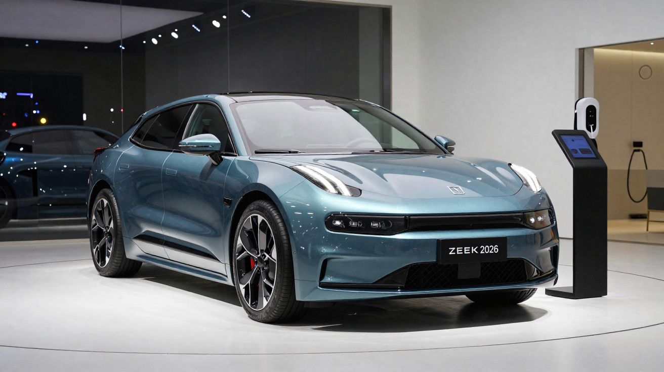 Carro elétrico desportivo azul ZEEK 2026 em exposição com posto de carregamento ao lado, em ambiente moderno.