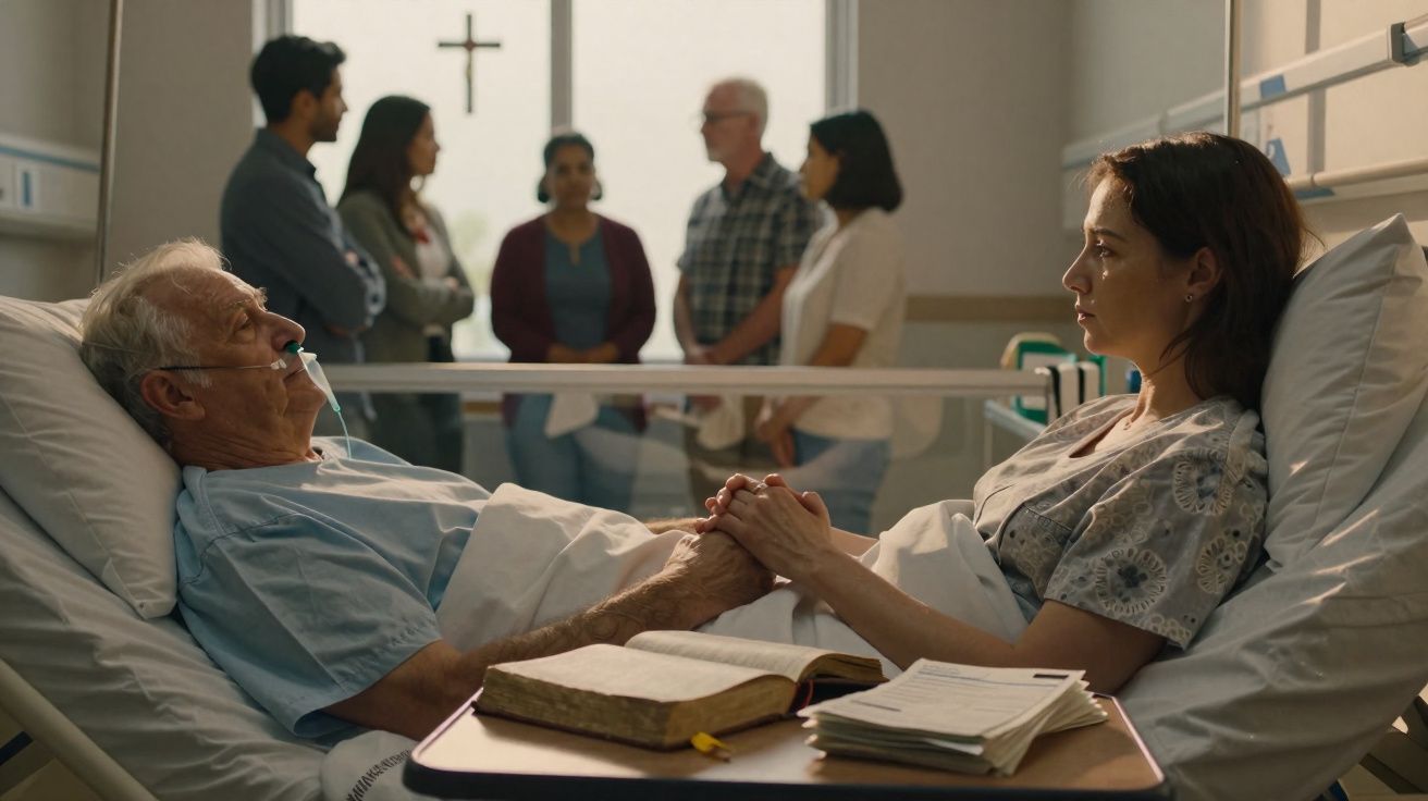 Homem idoso deitado numa cama de hospital a segurar as mãos de uma mulher, com família ao fundo.