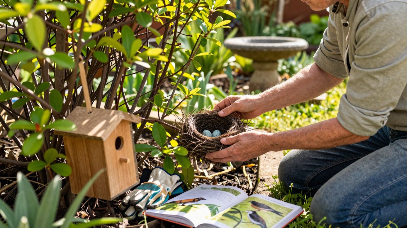 Homem a segurar ninho com ovos azuis no jardim junto a casinha de passarinho e livro de aves aberto.