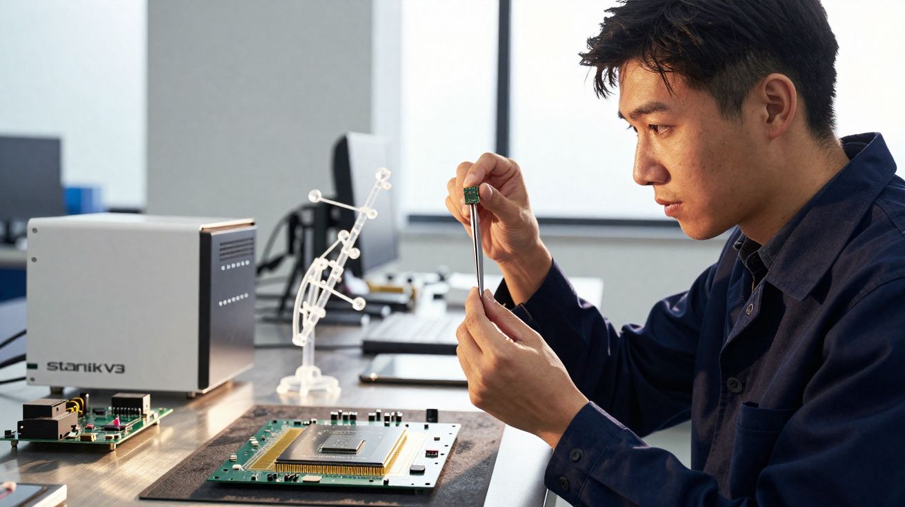 Homem a examinar componente eletrónico com pinça numa bancada de trabalho cheia de circuitos e equipamentos técnicos.
