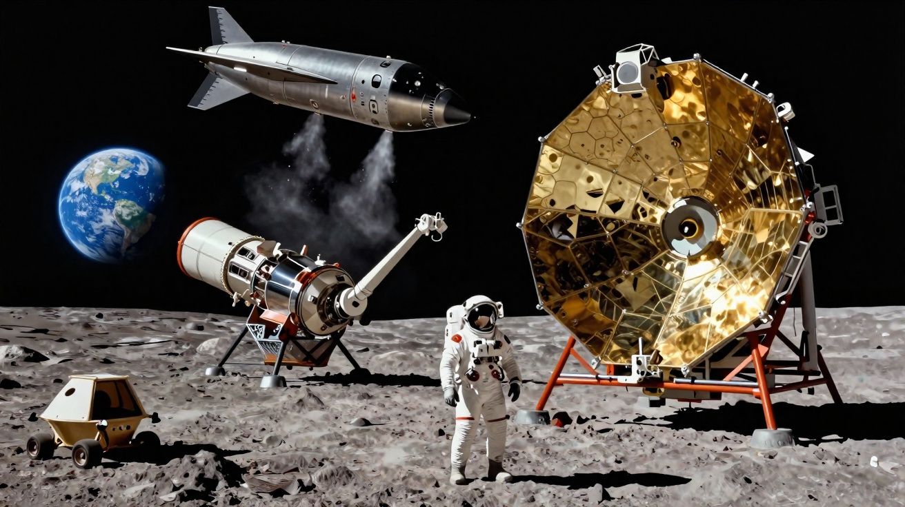 Astronauta em fato espacial na superfície lunar com equipamentos espaciais e a Terra ao fundo.