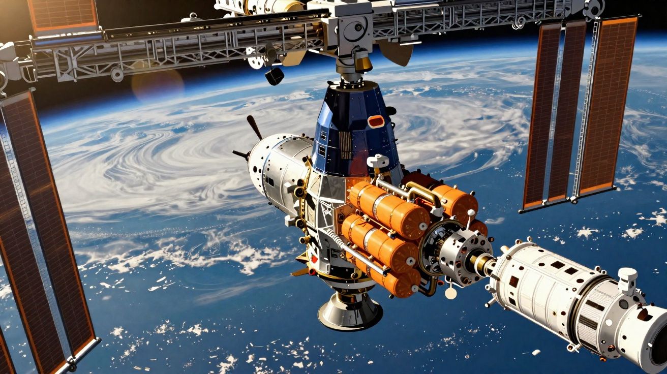 Estação espacial com painéis solares orbitando a Terra, com nuvens visíveis na superfície planetária.