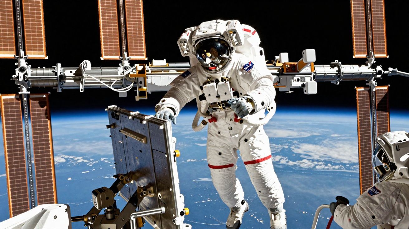 Astronautas em fatos espaciais a trabalhar fora da Estação Espacial Internacional em órbita terrestre.