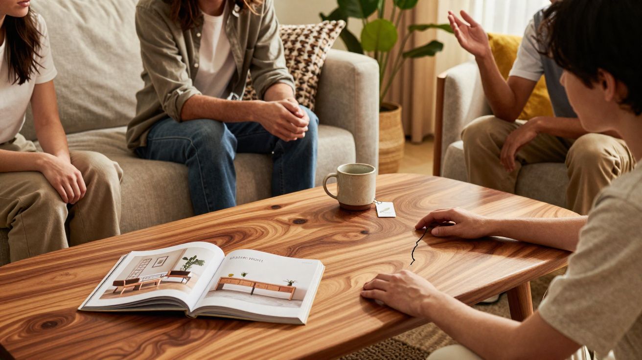 Grupo de pessoas sentadas à volta de mesa de madeira com livro aberto e chávena.