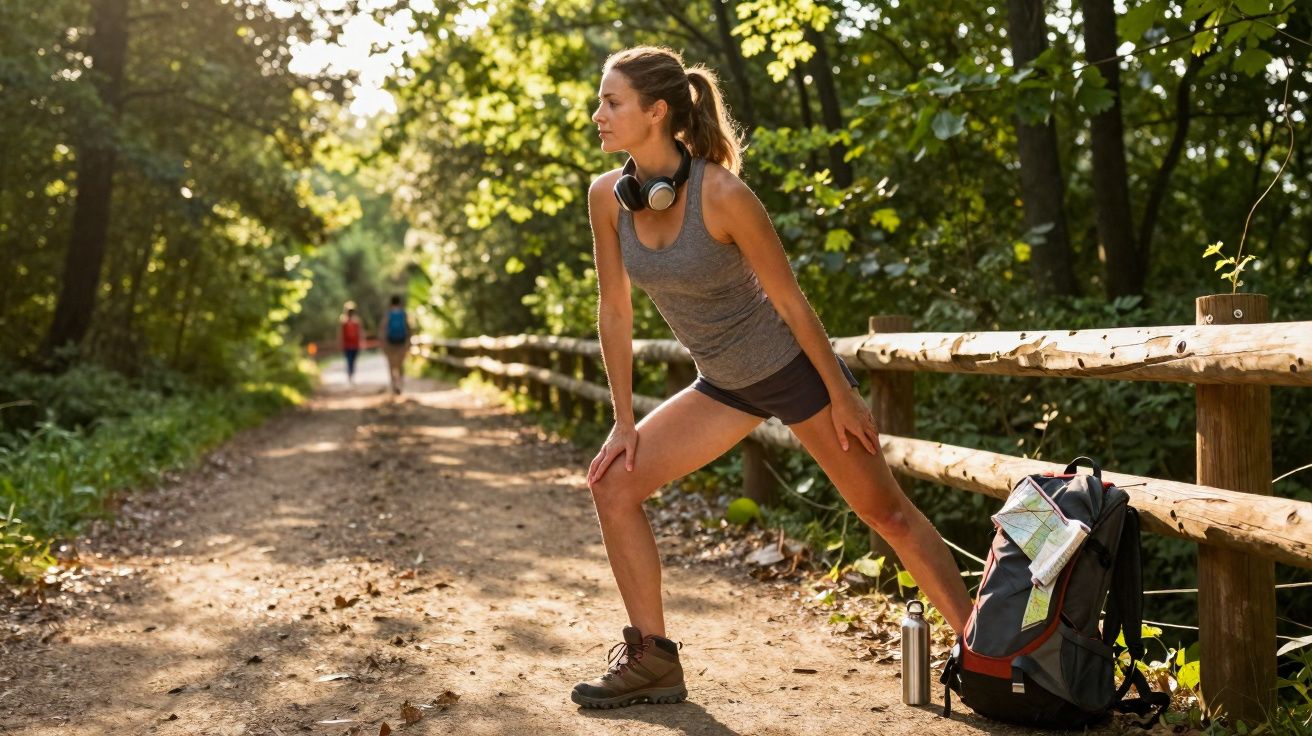 Mulher a fazer alongamentos numa trilha florestal, com mochila e garrafa ao lado, manhã ensolarada.