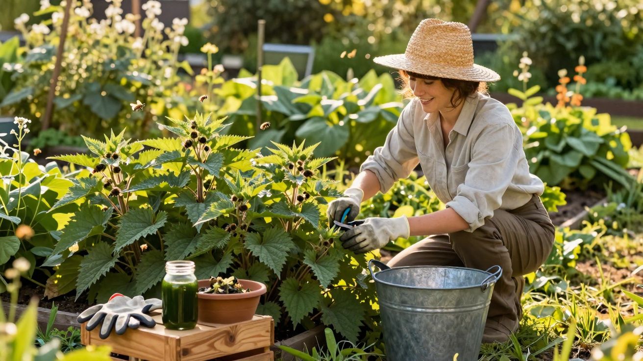 Mulher a cuidar de plantas num jardim, vestida com chapéu de palha e luvas, num dia soalheiro.