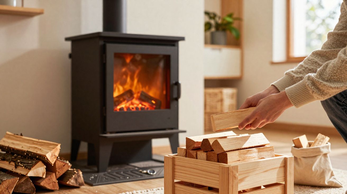 Pessoa a colocar lenha numa lareira acesa numa sala acolhedora com madeira empilhada no chão.
