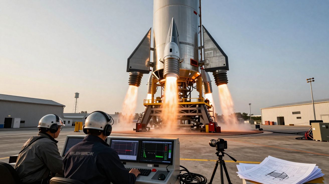 Dois técnicos monitorizam teste de ignição de foguete com propulsores em funcionamento num centro espacial.