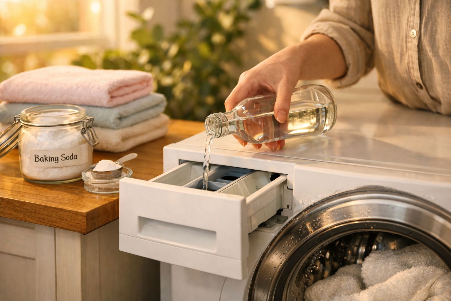 Mão a verter vinagre branco na gaveta de detergente de uma máquina de lavar roupa, com bicarbonato e toalhas ao lado.